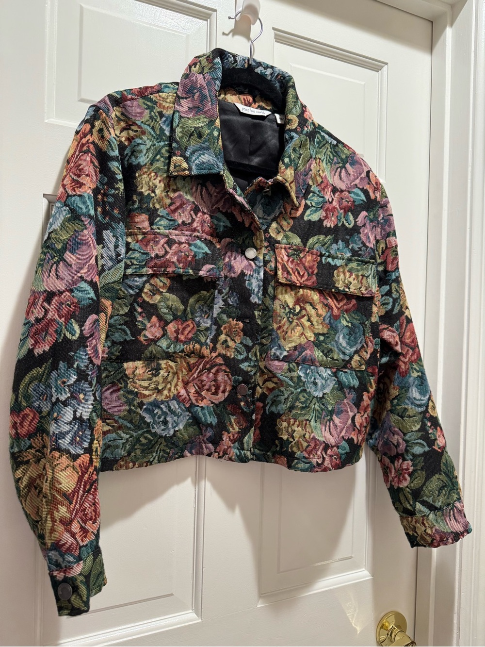 Peace Love World Floral Tapestry Cropped Jean Jacket - Black, Green, Pink, Blue